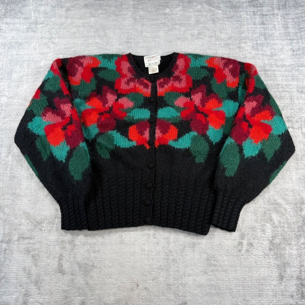 Susan Bristol Sweater Womens Medium Black Vintage Floral Mohair Wool Hand Knit